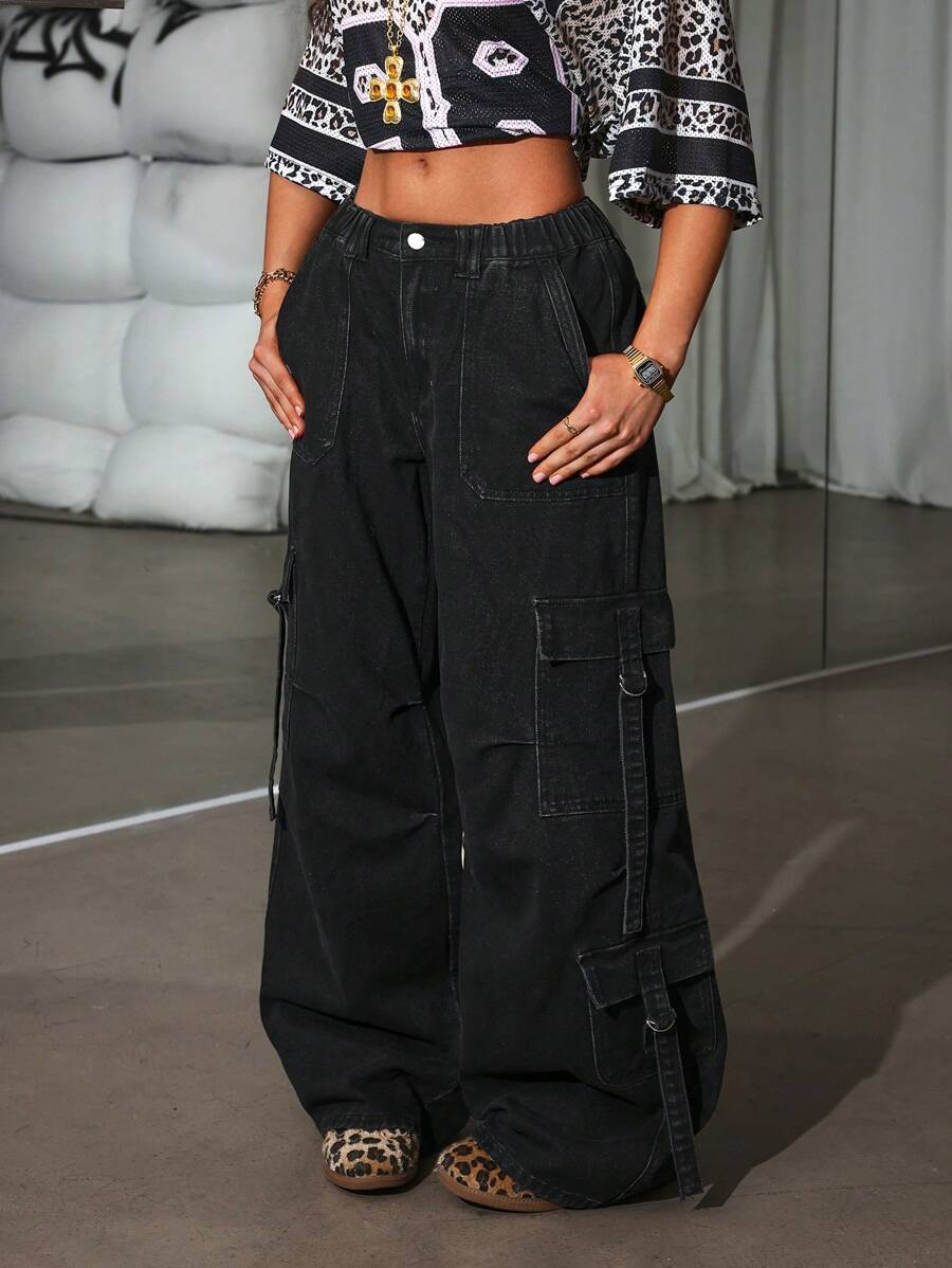 SHEIN EZwear 女士休闲宽松时尚多口袋工装阔腿牛仔裤，秋季 - 黑色 - 查看 1