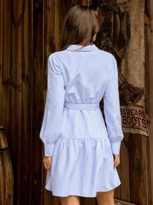 LanaWest 女式休闲条纹泡泡袖衬衫裙，秋季 - 藍白色 - 查看 2