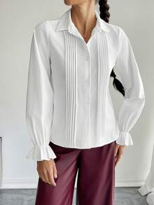 SHEIN Essnce Áo sơ mi nữ tay dài xếp ly đơn hàng khuy cài nút cổ điển thường ngày màu trắng trơn màu dành cho nữ Áo sơ mi nữ Áo cánh nữ Áo sơ mi Lễ Tạ ơn, Mùa thu - trắng - Xem 7