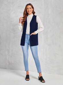 EMERY ROSE Chaqueta ligera sin mangas de unicolor casual para mujer en otoño/invierno - Azul Marino - Ver 3