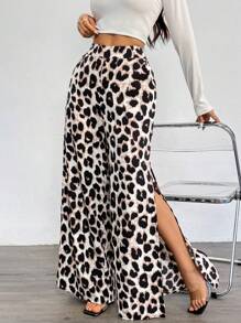 SHEIN LUNE 女士休闲豹纹开衩喇叭裤，2024 年秋冬 - 彩色 - 查看 2