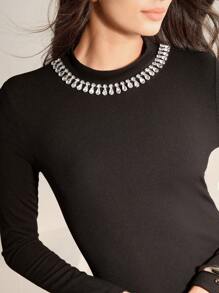 Anewsta Women's Elegant Rhinestone Decor Mesh Layered Ruffle Hem Dress