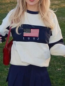 SHEIN EZwear 大码休闲撞色美国国旗印花大码宽松运动衫 - 彩色 - 查看 4