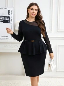 SHEIN Clasi Plus Size Women Solid Color Crew Neck Long Sleeve Mesh Ruffle Trim Elegant Dress