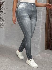 SHEIN LUNE Celana Legging Jegging Ketat Elastis untuk Wanita Ukuran Plus dengan Efek Denim - Dark Grey - View 3