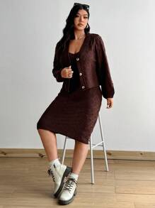 Flirla 2pcs Plus Size Women Pullover Sweater Set, Autunm Winter Fall Cloth For Women - Coffee Brown - View 4
