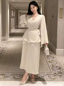 DAZY 2 件套纯色系带衬衫和中长裙套装（女款）