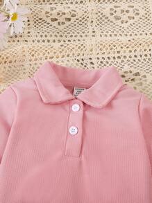 Baby Girl Knit Collar Top And Floral Print Pants 2pcs Set - Pink - View 3