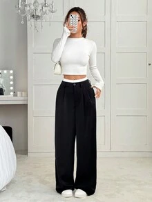 Muchica Quần ống rộng xếp ly eo tương phản cho nữ - màu đen - Xem 5