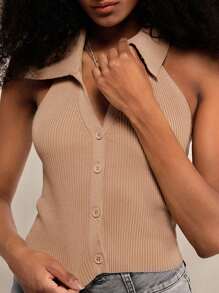 Forever 21 Casual top met haltergebreide mouwen en knoopsluiting voor dames, zomer