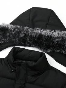 Manfinity Homme 男士纯色简约日常连帽长袖棉衣，秋冬纯色保暖冬装外套，黑色外出休闲外套，送给朋友、老公、男朋友的礼物 - 黑色 - 查看 4