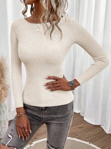 EURMUSE Boat Neck Ribbed Knit Sweater - Apricot - View 5