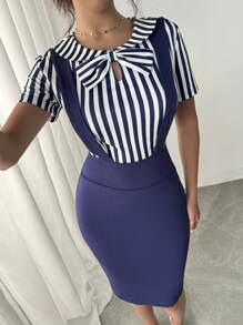 Chiquease 法式奢华夏季休闲条纹短袖高端淑女连衣裙，随机花卉图案 - 藍白色 - 查看 5