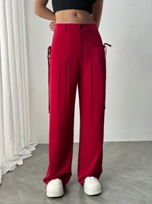 Chiquease Korean Style Summer New Loose High Waist Drawstring Wide Leg Pants For Women - Burgundy - View 3