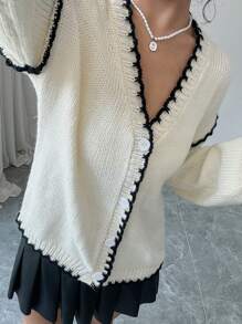 SHEIN Unity Cárdigan suelto de punto de mujer con cuello en V, mangas largas caídas y un solo botonadura para otoño/invierno - Albaricoque - Ver 4