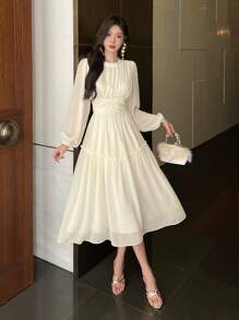 DAZY 女士优雅纯色灯笼袖腰褶饰中长连衣裙、荷叶边、秋季连衣裙长袖连衣裙 - 米色 - 查看 4