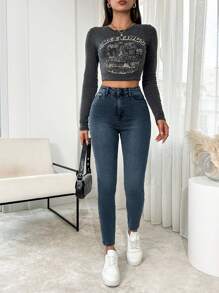 EURMUSE High Waist Snow Wash Skinny Jeans - Medium Wash - View 4