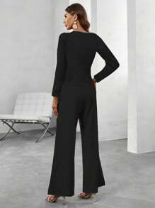 SHEIN Clasi Women's Solid V-Neck Button Front Long Sleeve Blazer And Pocket Trouser Elegant Suit Set - Black - View 2