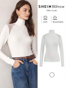 BizChic Parte superior de manga larga con cuello alto transparente, de unicolor y con empalme de malla para mujeres - Blanco - Ver 1