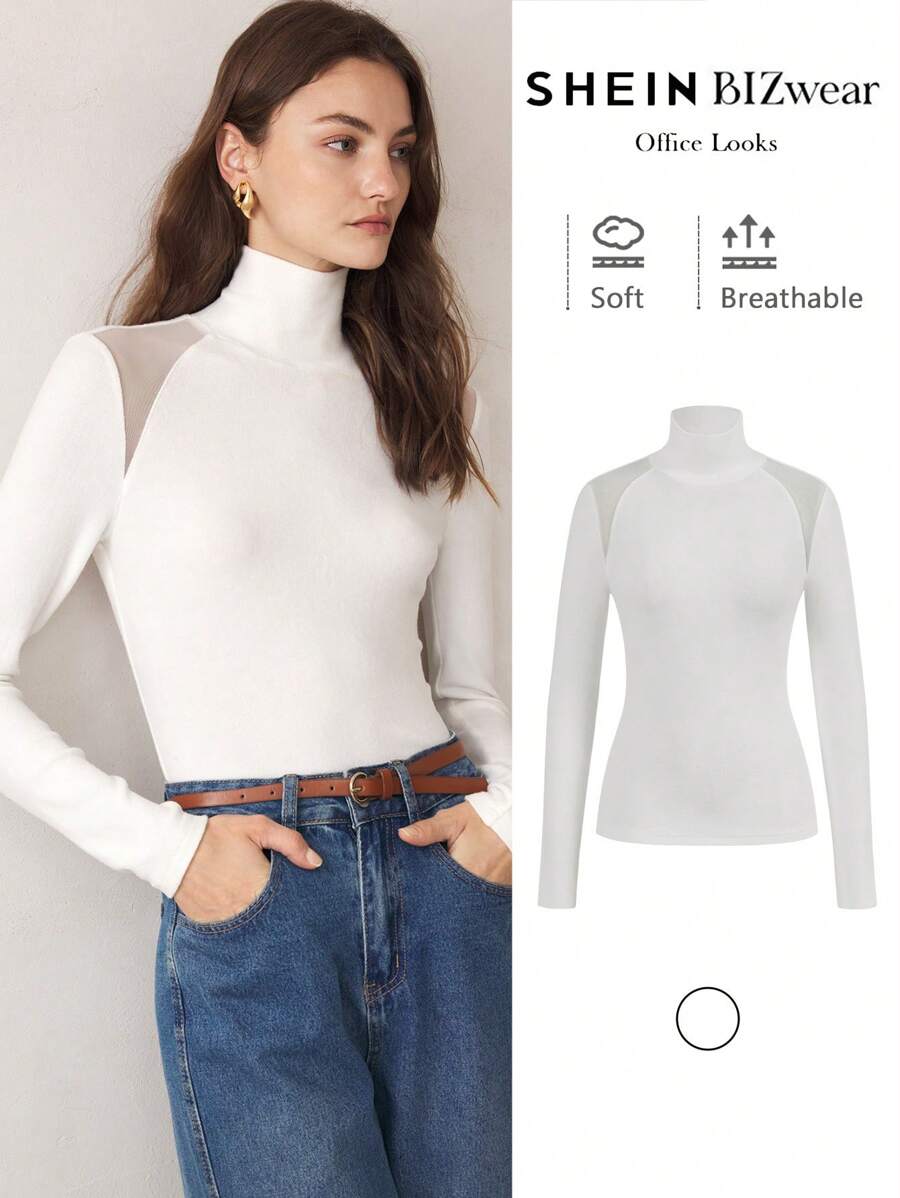 BizChic Parte superior de manga larga con cuello alto transparente, de unicolor y con empalme de malla para mujeres - Blanco - Ver 1
