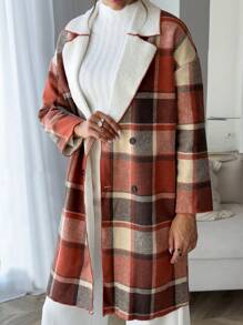 SHEIN Privé 女士秋冬格子加厚中长款保暖羊毛大衣 - 彩色 - 查看 1