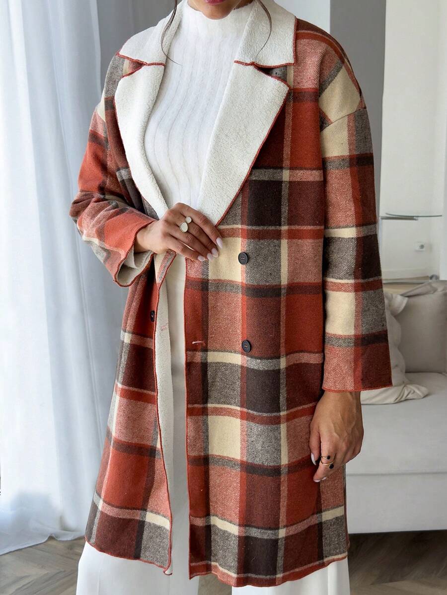 SHEIN Privé 女士秋冬格子加厚中长款保暖羊毛大衣 - 彩色 - 查看 1