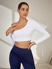 Activina 女士纯色不对称领口长袖短款上衣短款修身运动 T 恤