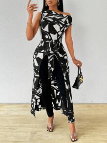 Zolique 不对称几何印花不对称领口单短袖高腰系带前不对称高低开叉长款女式衬衫单肩上衣