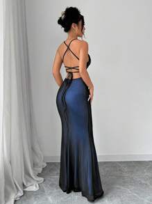 Rafferiza Spaghetti Strap V-Neck Lace Splice Criss-Cross Back Net Fishtail Bodycon Dress For Women Maxi Women Outfit