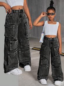 SHEIN Tween Girls' Y2K Fashion Stonewashed Multi-Pocket Distressed Cargo Jeans Baggy Wide Leg Pants, Tween Girl Fall Clothes Back To School Outfits