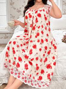 CottageSlumber Plus Size Elegant Red Lip & Floral Print Contrast Lace Summer Nightgown - Apricot - View 7