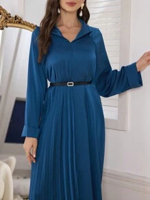 Mulvari Women's Elegant Raglan Sleeve Pleated Dress, Fall - Blue - View 4