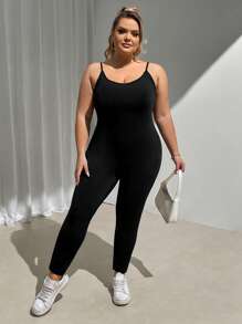 SHEIN CURVE+ Curve Plus Winter  Fall 
 Solid Unitard Jumpsuit - Black - View 4