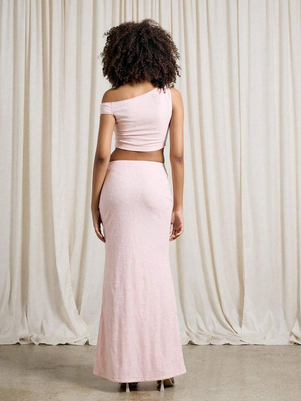 Sheer Textured One Shoulder Asymmetrical Neck Fitted Crop Top With Fitted Bodycon Maxi Skirt Two-Piece Co-Ord Set