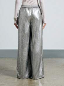 AiiRZ Quần ống rộng dự tiệc bằng da giả kim loại Y2K - Bạc - Xem 3