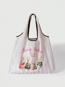 ROMWE Kawaii 2 件/套卡通兔子大容量可折叠手提袋带零钱包，可重复使用购物袋 - 粉色 - 查看 1