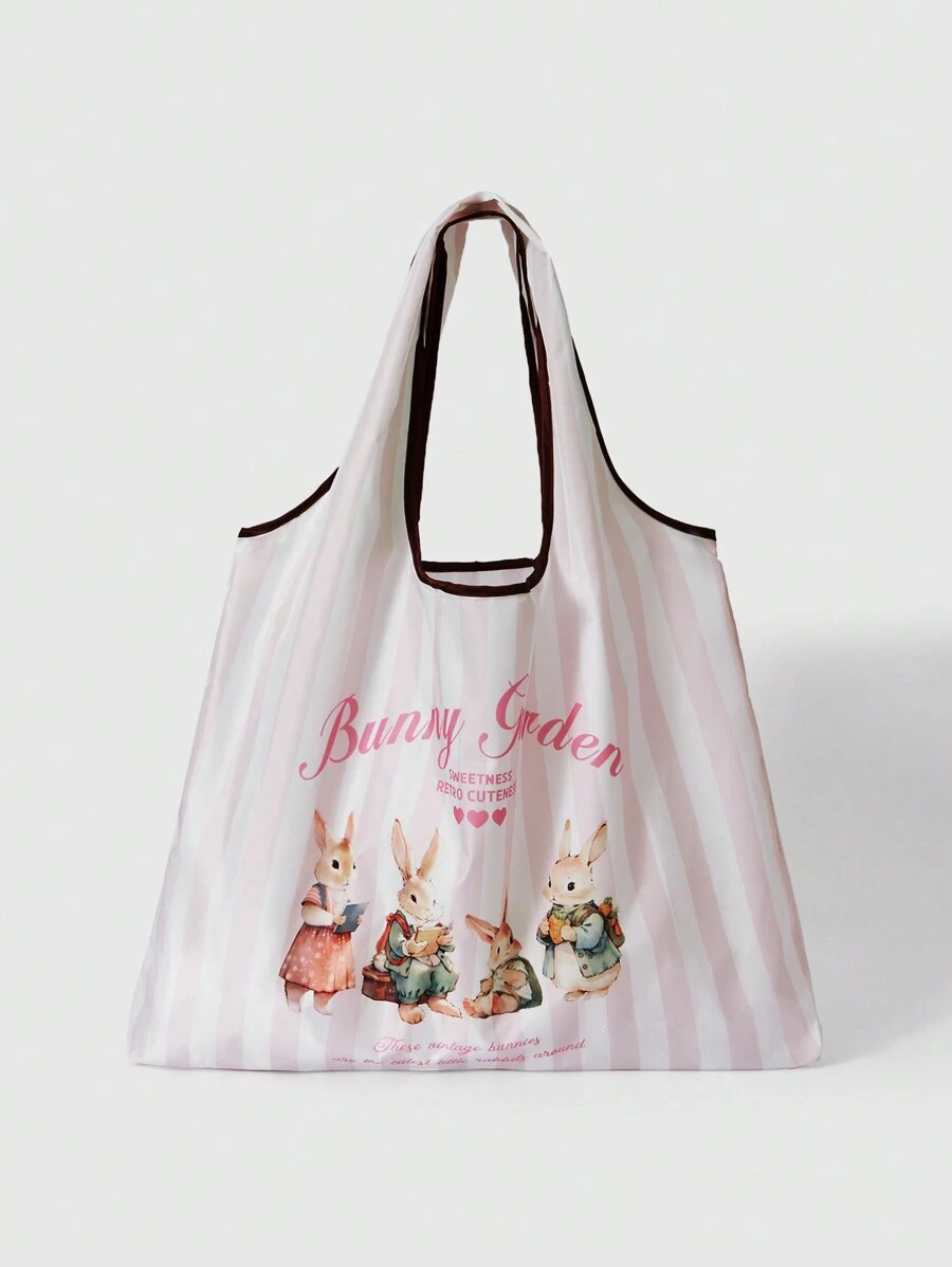 ROMWE Kawaii 2 件/套卡通兔子大容量可折叠手提袋带零钱包，可重复使用购物袋 - 粉色 - 查看 1