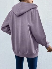 Women's Plain Long Sleeve Zip-Front Drawstring Hooded Sweatshirt, Autumn - Lilac Purple - View 2