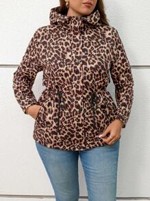 SHEIN LUNE Chaqueta con capucha con estampado de leopardo, de manga larga, con cordón a la cintura y bolsillos, para mujer de talla grande, para otoño e invierno