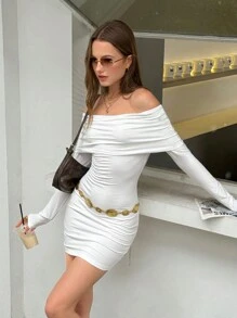 SHEIN ICON 女士纯色露肩长袖修身迷你连衣裙，春夏