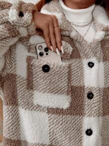 SHEIN LUNE Plus Size Fuzzy Plaid Printed Front Button Long Sleeve Plus Size Jacket Fleece Winter Clothes - Multicolor - View 6