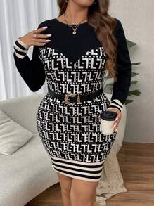 SHEIN Clasi Plus Size Autumn & Winter Casual Jacquard Patchwork Fitted Sweater Dress - Multicolor - View 5