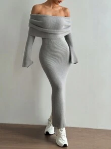 Flirla Seksowna, dopasowana, dzianinowa sukienka swetrowa z odkrytymi ramionami i rozcięciem na dole, jesień/zima