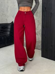 SHEIN EZwear 女式红色宽腿低腰宽松牛仔裤复古牛仔万圣节服装 - 紅色 - 查看 7