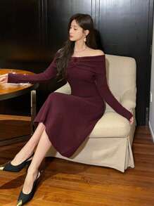 DAZY Valentine's Day Solid Color Off Shoulder Bow Knitted Mid-Length Sweater Dress For Women,Fall Clothes Fleece Lined Red Women Dresses Prom Dress