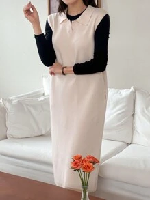DAZY Women's Long Solid Color Elegant Sleeveless Collared Sweater Dress,Fall Clothes - Apricot - View 5