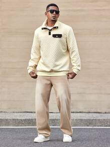 Manfinity Homme Men's Plus Size Button-Up Front Long Sleeve Casual Loose Pullover Sweatshirt - Beige - View 4