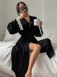 DAZY V-Neck Waist Tied Embroidered Decoration Loose Long Sleeve Robe Pajama - Black - View 7