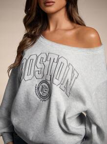 SHEIN BAE Sudadera con cuello asimétrico, bordado con letra, cómoda para uso diario y caminatas al aire libre para mujeres