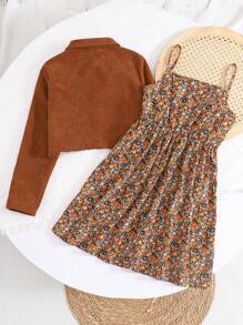 SHEIN Emery Rose Kids LMoss Tween Girl Tween Girl's Casual Woven Long Sleeve Shirt Top And Ditsy Floral Slip Dress Set